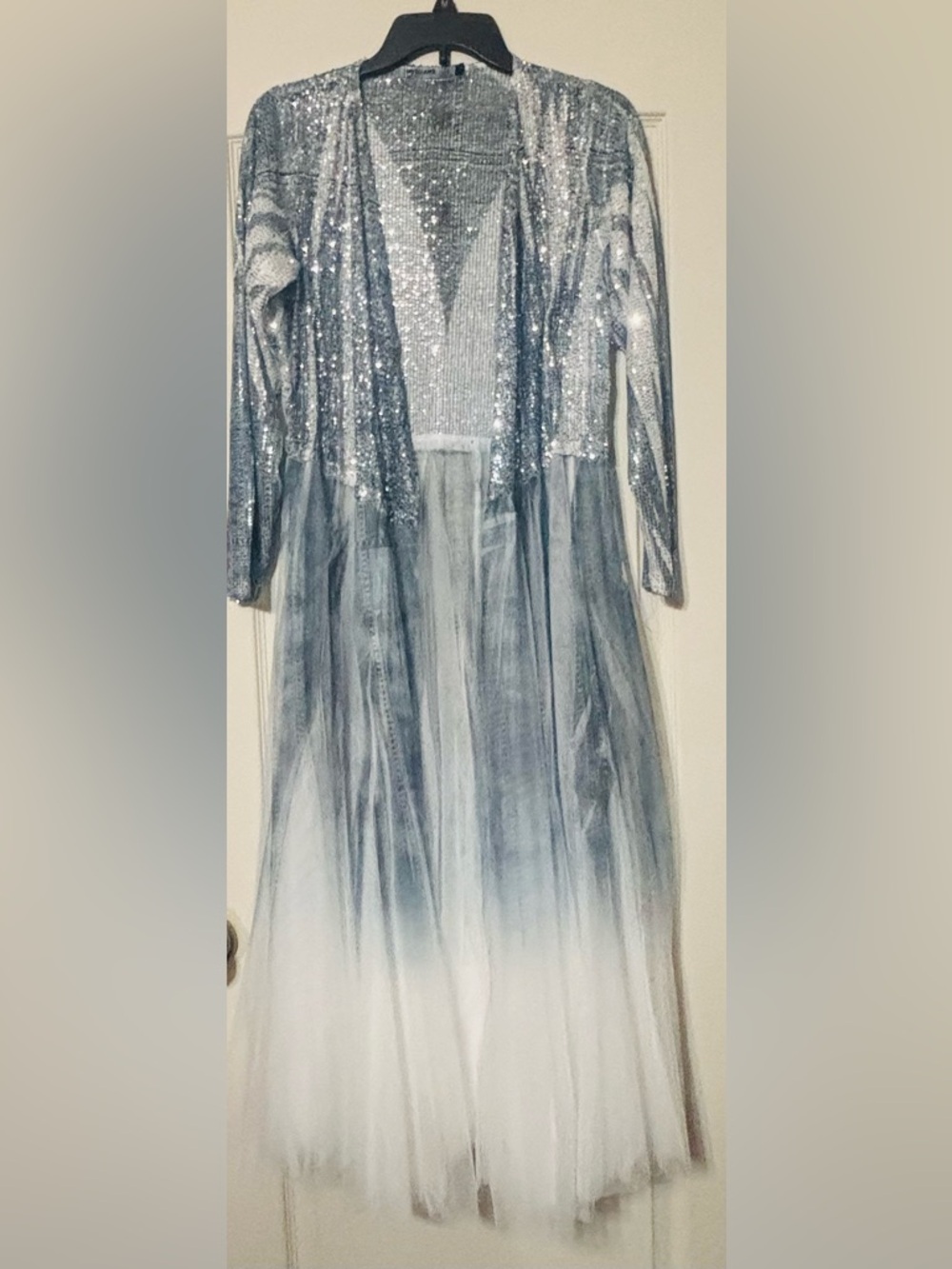 Origami Silver Sequin Top with Sheer Blue Tulle Small